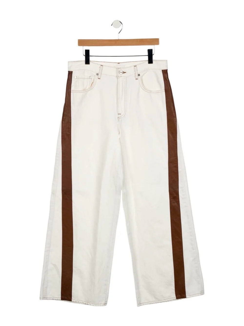 TWP White Wide-Leg Jeans with Brown Side Leather Stripes